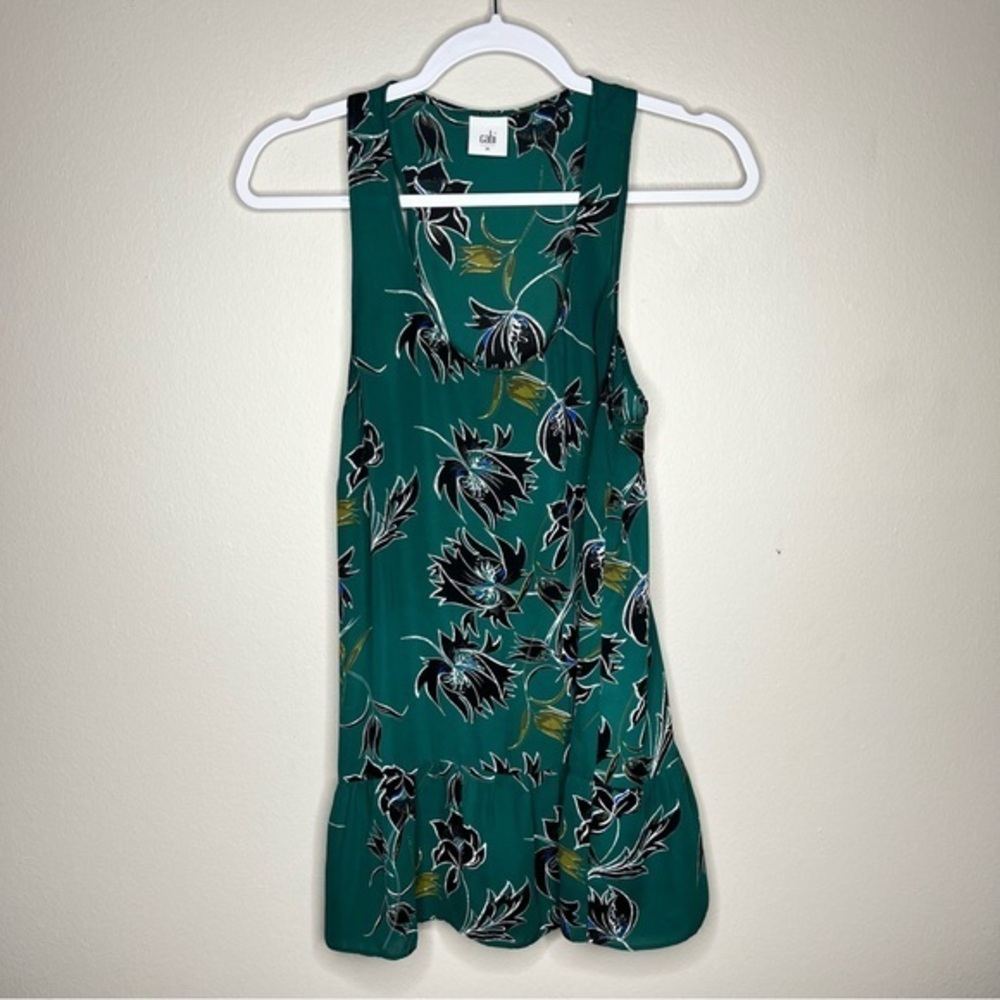 Cabi Sheer Chiffon Floral Print Tank Dropped Waist Ruffle Hem Scoop‎ Neck Top